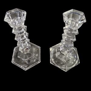 Vintage Clear Pressed Glass Candlesticks Pair Hexagon Base Faceted Stem